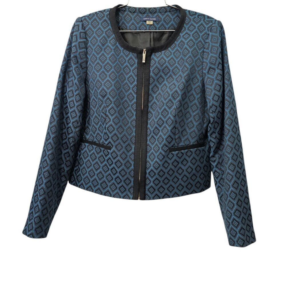 Tommy Hilfiger Geometric Print Zip Up Cropped Black And Blue Jacket